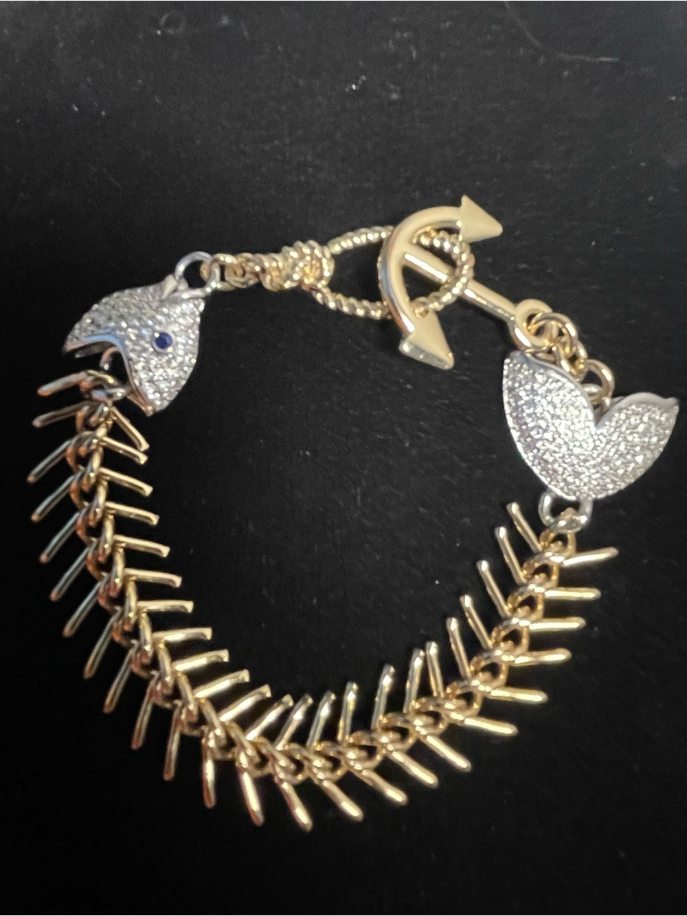 Gold and Silver Fishbone Bracelet with Pave Accents